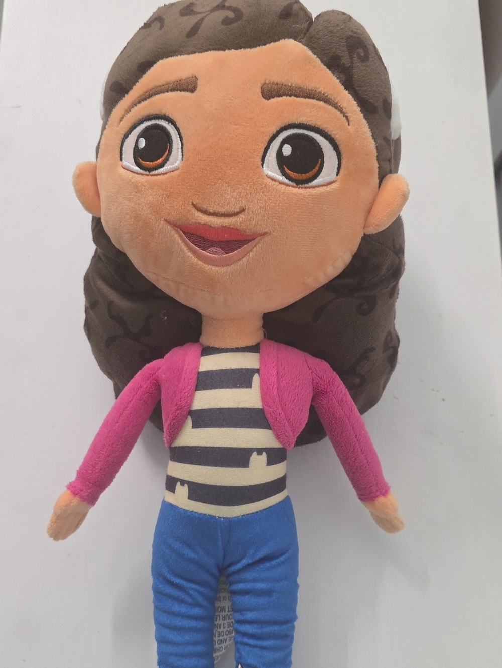 Plush Brown-Haired Girl Doll with Pink Jacket and Blue Pants